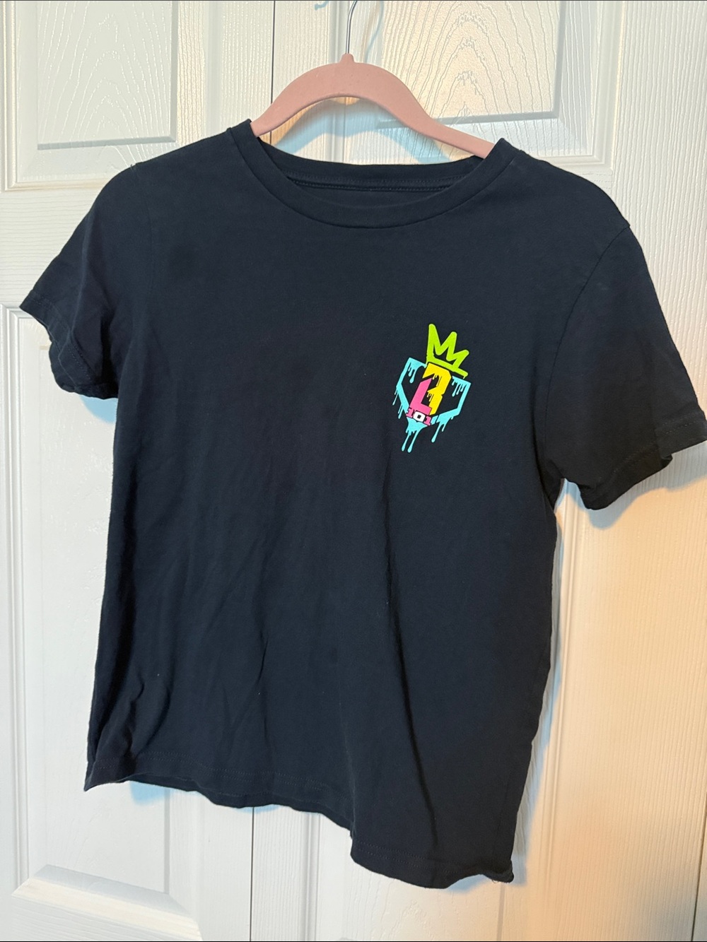 Kids Short Sleeve navy Tee with Neon Crest Graphic